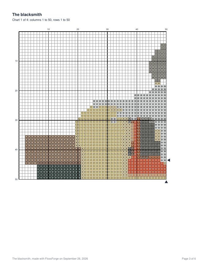 A page of the exported chart: symbols on thread colors, with bold lines every ten stitches and arrows marking the center.
